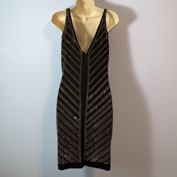 Cache vintage studded rhinestone little black dress Dress stretch sleeveless SML - Picture 5 of 10